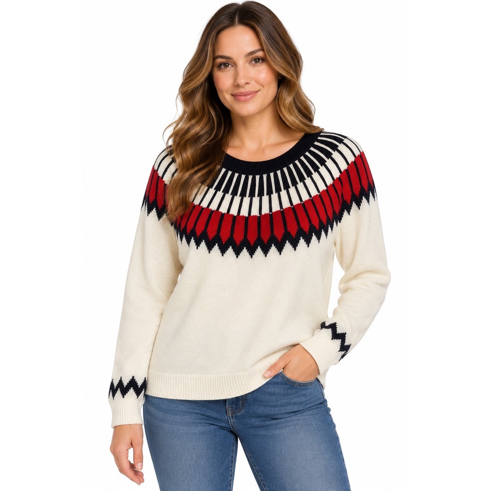 Talbots Womens Fair Isle Crew Neck Sweater Ivory Red Navy Size L NEW
